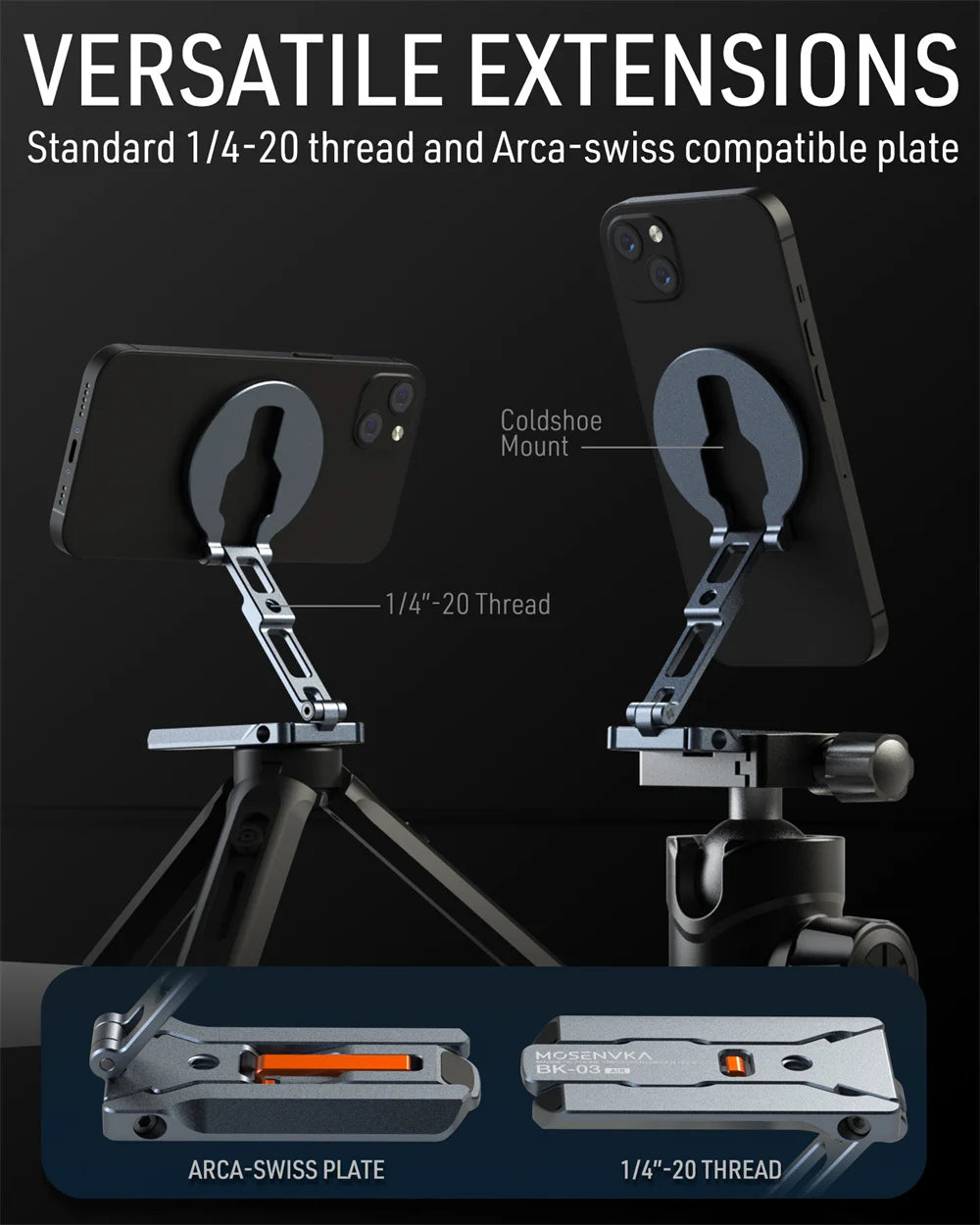 Magnetic Phone Tripod Stand Foldable Phone Holder for iPhone/Android Desk Travel Tripod with Arca-Swiss,1/4&