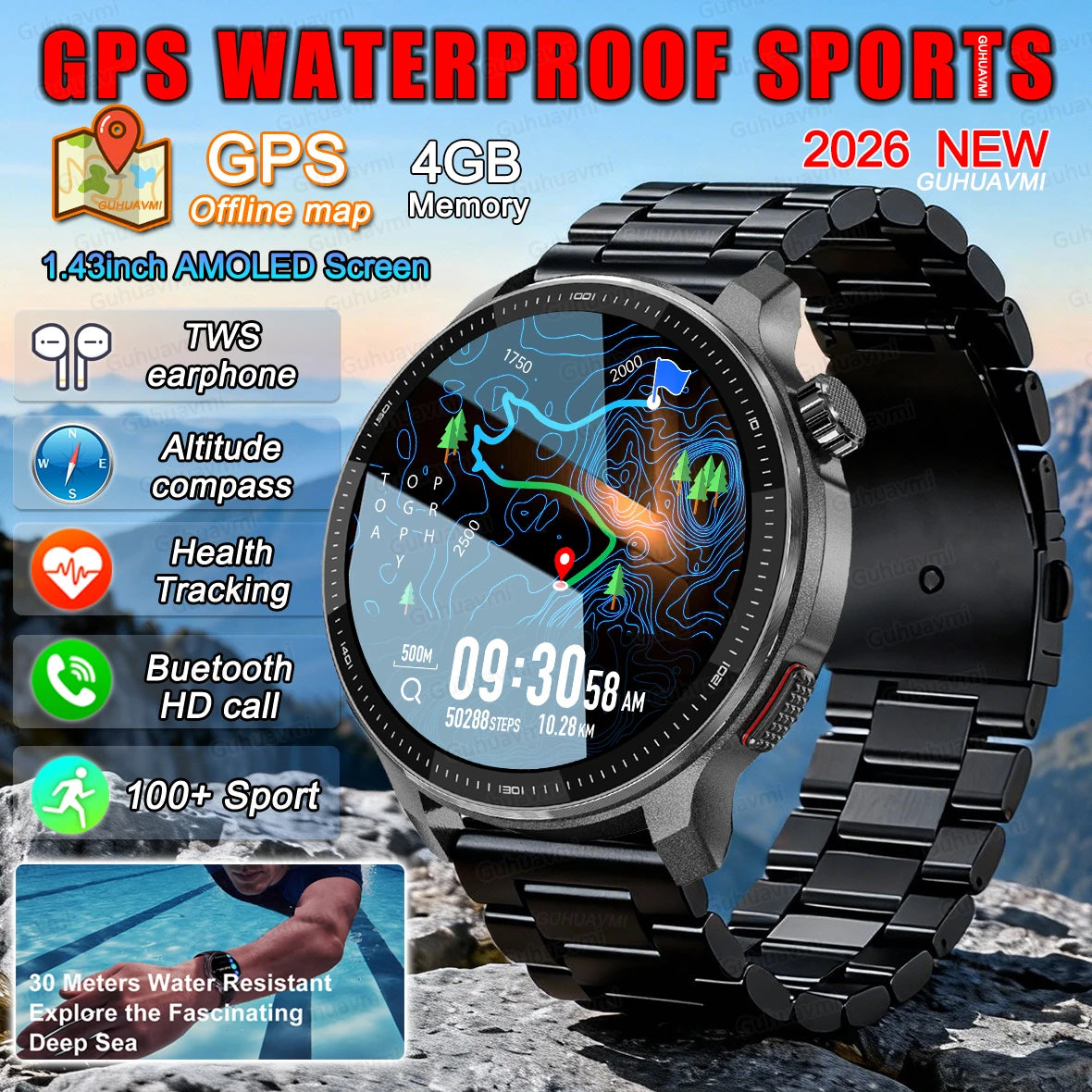 Fashion Smart Watch Men 4GB Memory Local MusicVideo Player AMOLED Always show Sport Watch Waterproof GPS Offline Maps Smartwatch