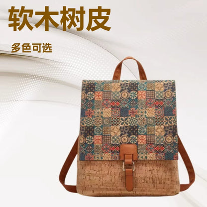 Cross-Border New Model 2026 Fashion Retro Printed Bark Cork Flip-Top Backpack Women&