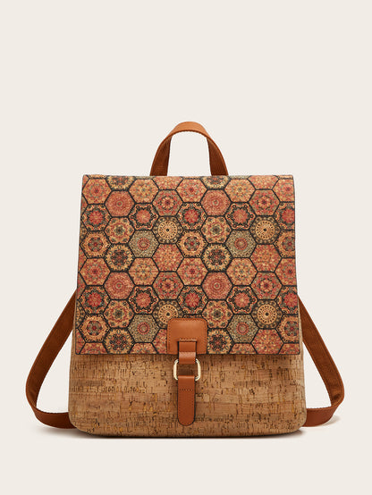 Cross-Border New Model 2026 Fashion Retro Printed Bark Cork Flip-Top Backpack Women&