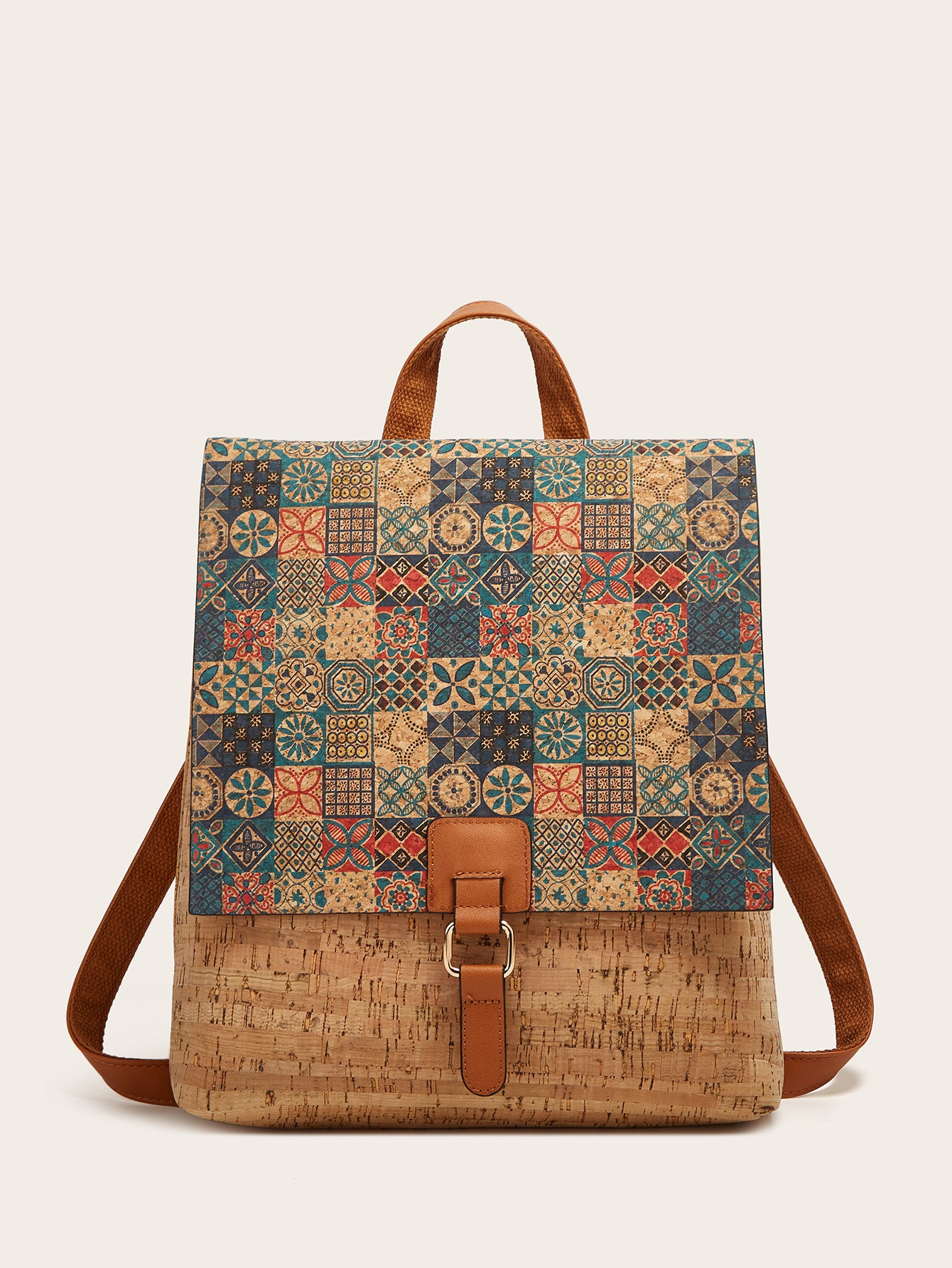 Cross-Border New Model 2026 Fashion Retro Printed Bark Cork Flip-Top Backpack Women&