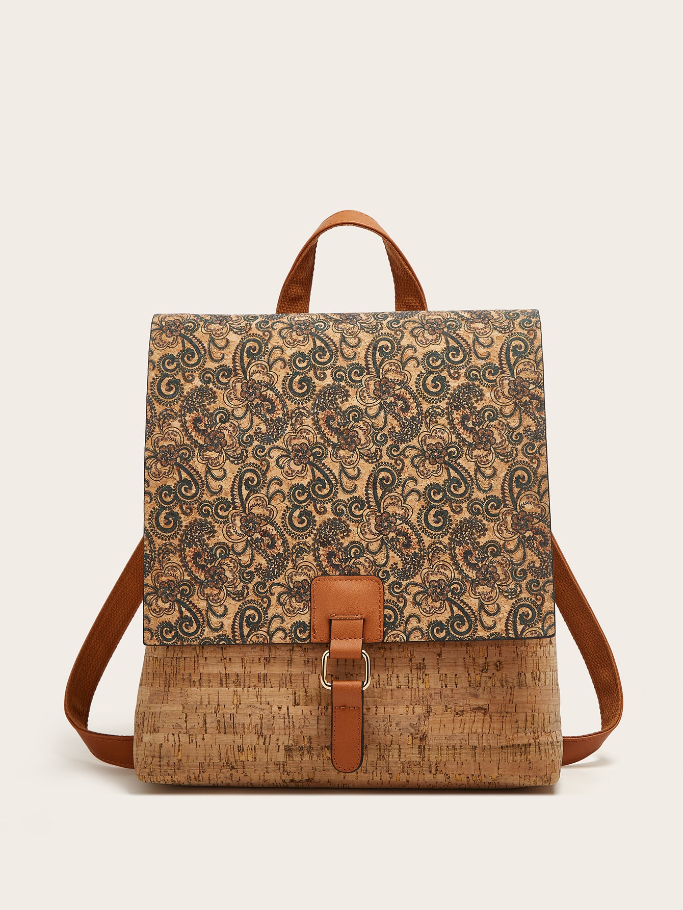Cross-Border New Model 2026 Fashion Retro Printed Bark Cork Flip-Top Backpack Women&