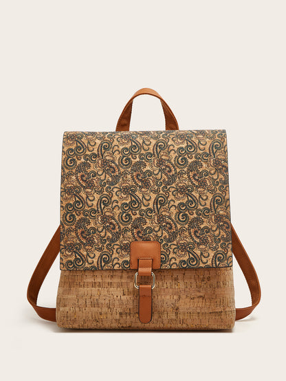 Cross-Border New Model 2026 Fashion Retro Printed Bark Cork Flip-Top Backpack Women&