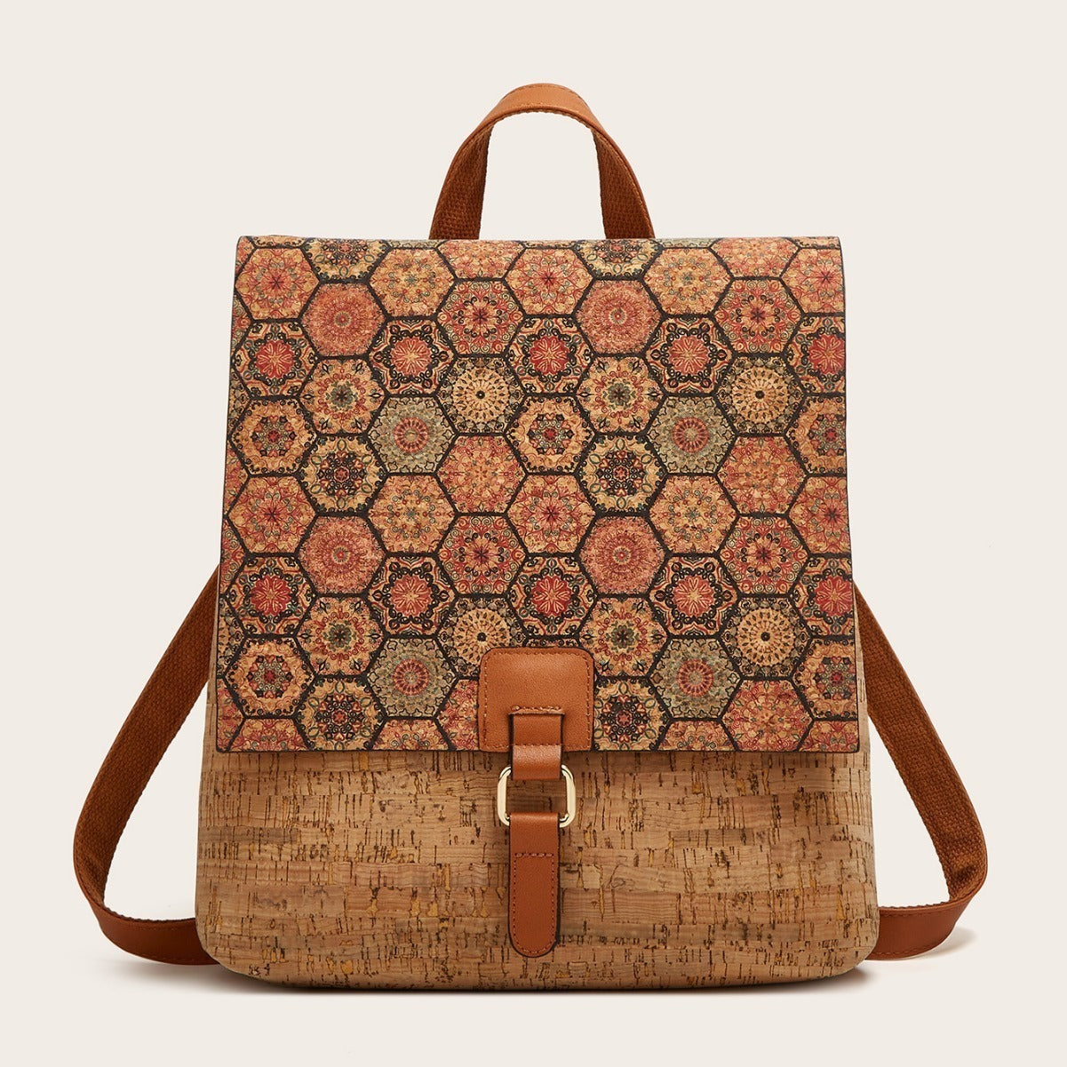 Cross-Border New Model 2026 Fashion Retro Printed Bark Cork Flip-Top Backpack Women&