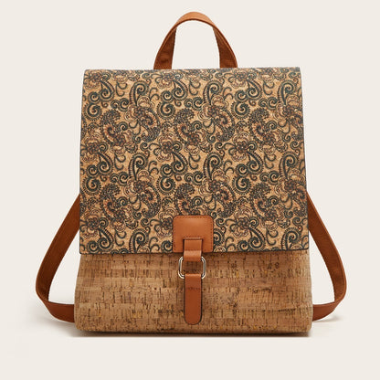 Cross-Border New Model 2026 Fashion Retro Printed Bark Cork Flip-Top Backpack Women&
