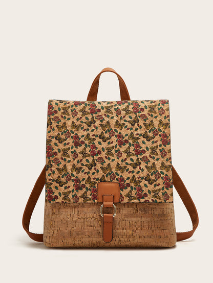 Cross-Border New Model 2026 Fashion Retro Printed Bark Cork Flip-Top Backpack Women&