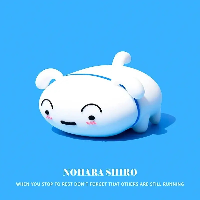 Nohara Shiro AirPods Silicone Case on a blue background with motivational text