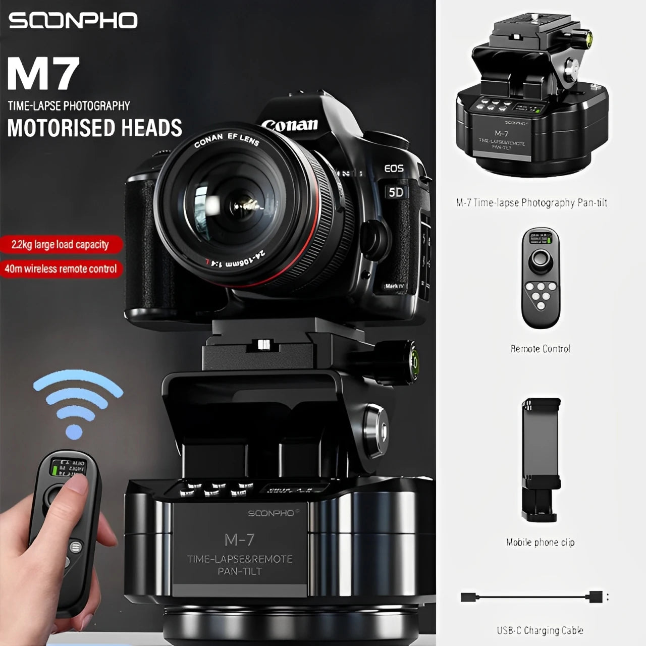 SOONPHO M7 Camera Automatic Gimbal Tripod Head for Time Lapse Photography 360° Rotation Motorized Panoramic Head with Wireless
