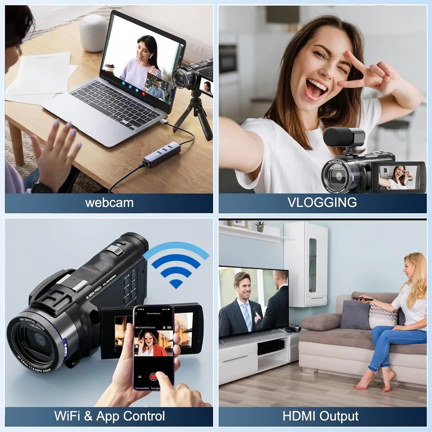 NBD 4K Camcorder Video Camera with 48MP Vlogging Camera With Wi-Fi &amp; App Control,Video Recorder with 3X Battery Life, 16X Zoom