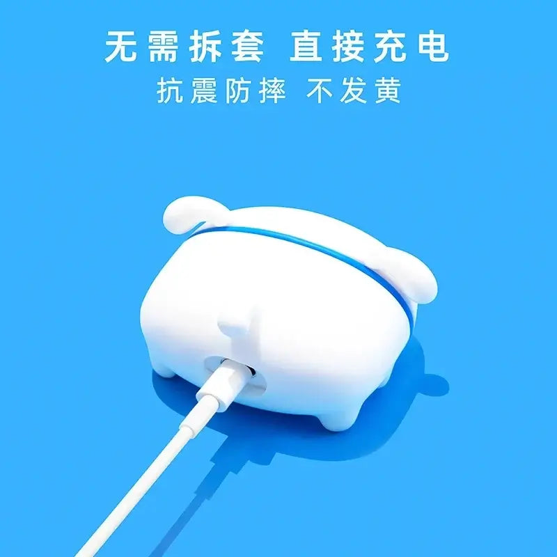 Nohara Shiro AirPods Silicone Case on a blue background, showcasing its unique design and charging feature.