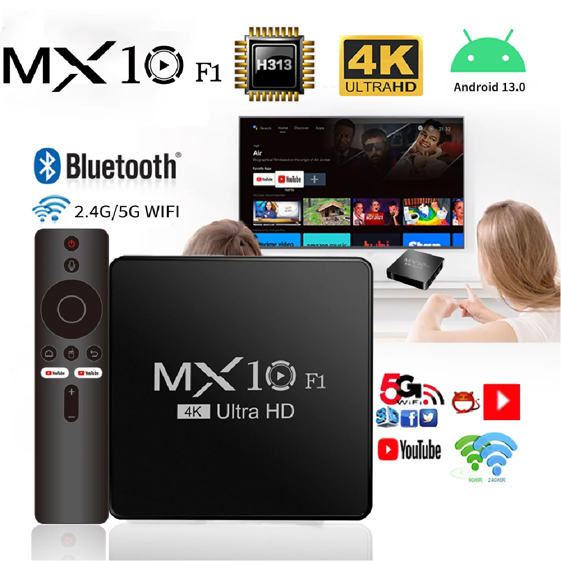 MX10 F1 Android Smart TV Box 2GB RAM 16GB eMMC flash Allwinner H313  4K Media Player Build in Wi-Fi 2.4G + BT5.0