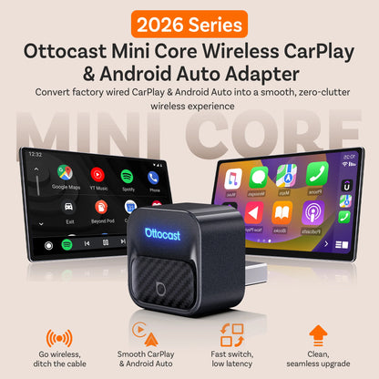 Ottocast Mini Core Wireless CarPlay Adapter Android Auto Adapter Wired to Wireless Dongle Fast Auto Reconnect Plug and Play NEW