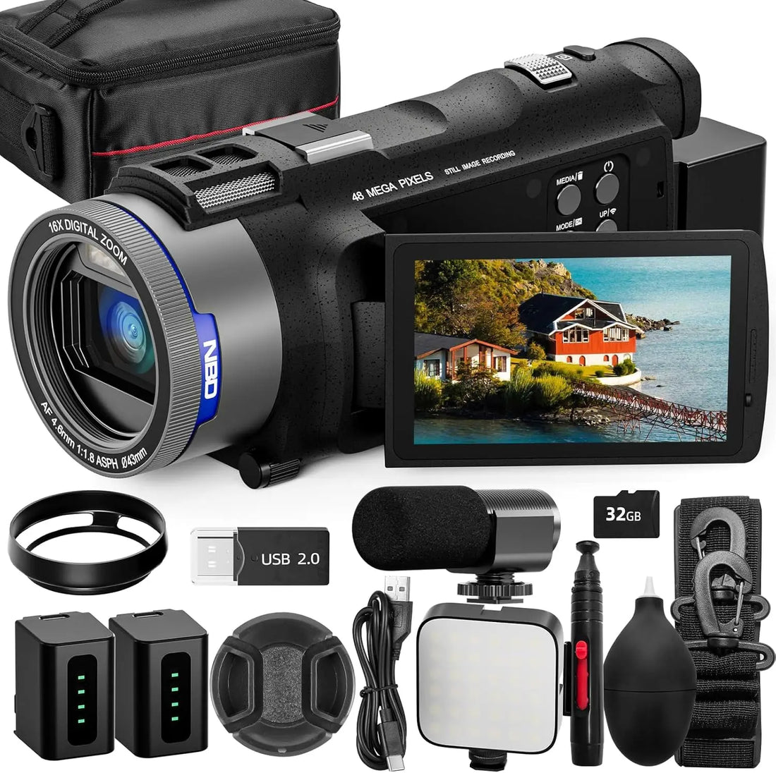 NBD 4K Camcorder Video Camera with 48MP Vlogging Camera With Wi-Fi &amp; App Control,Video Recorder with 3X Battery Life, 16X Zoom