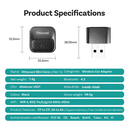 Ottocast Mini Core Wireless CarPlay Adapter Android Auto Adapter Wired to Wireless Dongle Fast Auto Reconnect Plug and Play NEW